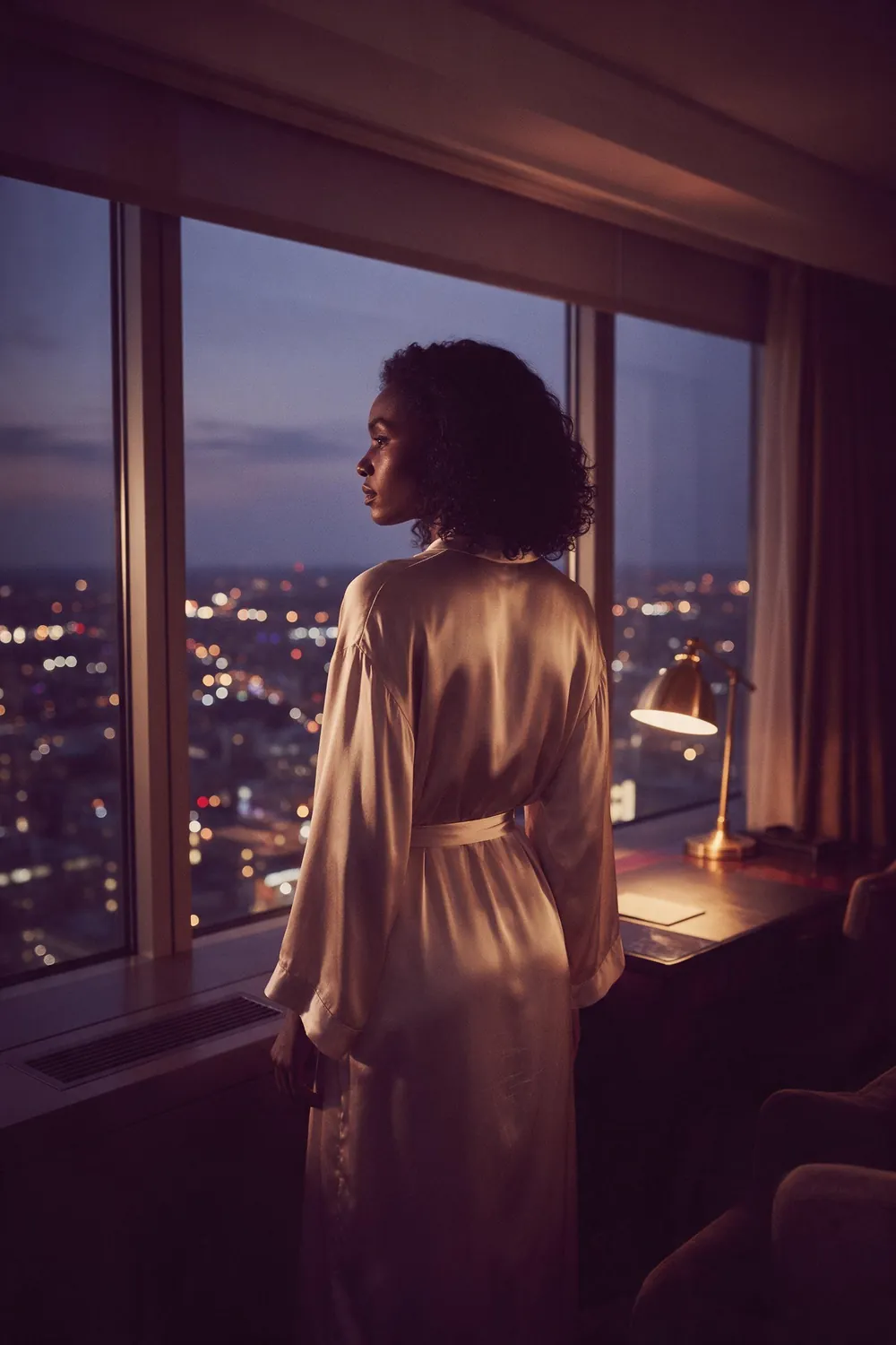 A Black woman in a champagne silk robe at a hotel suite window at dusk, city lights far below